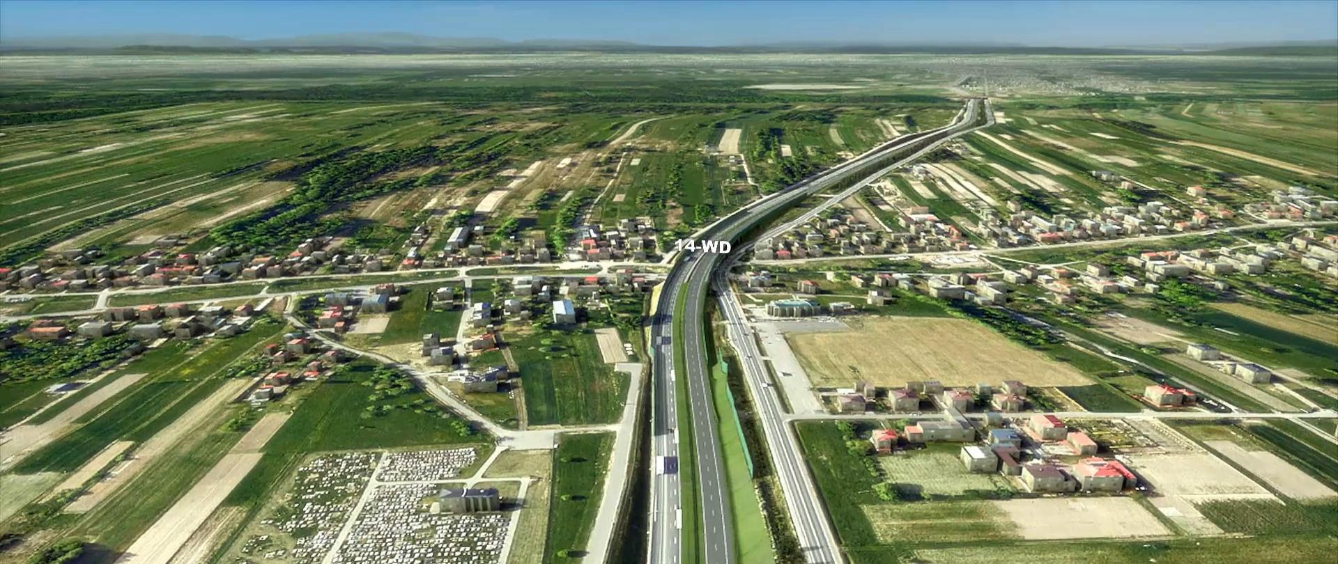 Widok na wizualizację z góry przebiegu rozbudowanej drogi ekspresowej. Na środku przebiega droga, po obu stronach widać zabudowania, tereny zielone. W centralnym miejscu zaznaczona jest estakada powstająca na tym odcinku oznaczona symbolem 14 - WD. 