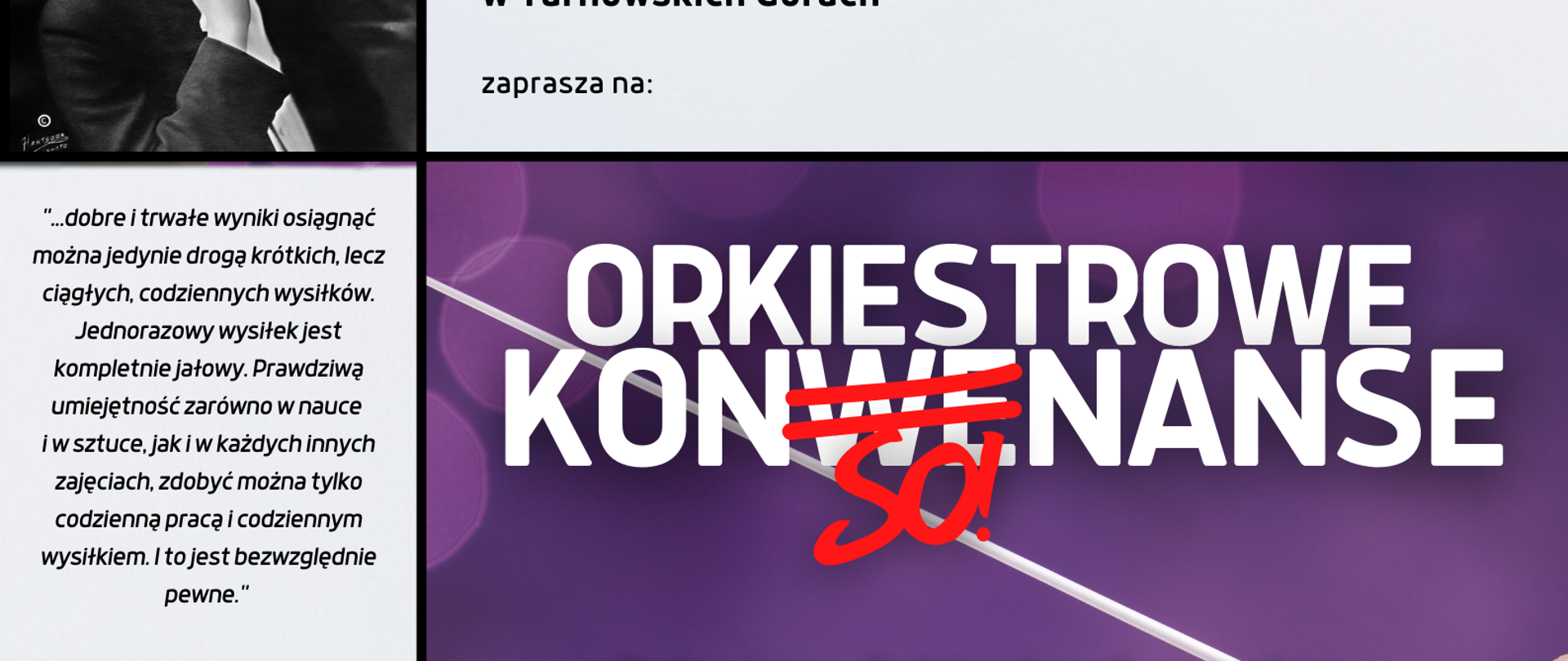 Na fioletowym tle dłonie dyrygenta z batutą oraz informacja "Orkiestrowe Konwenanse" - Dziecieca Orkiestra Smyczkowa OSM I i II st. w Bytomiu pod dyrekcją Filipa Hugeta, Orkiestra Szkolna PSM I st. w Tarnowskich Górach pod dyrekcja Alicji Pacześniak-Słoty, Orkiestra Dęta OSM I i II st. w Bytomiu pod dyrekcją Artura Kulki z udziałem uczniów sekcji dętej PSM w Tarnowskich Górach. W dolnej części plakatu termin imprezy- 15 maja 2024 godz.17,00 , aula PSM