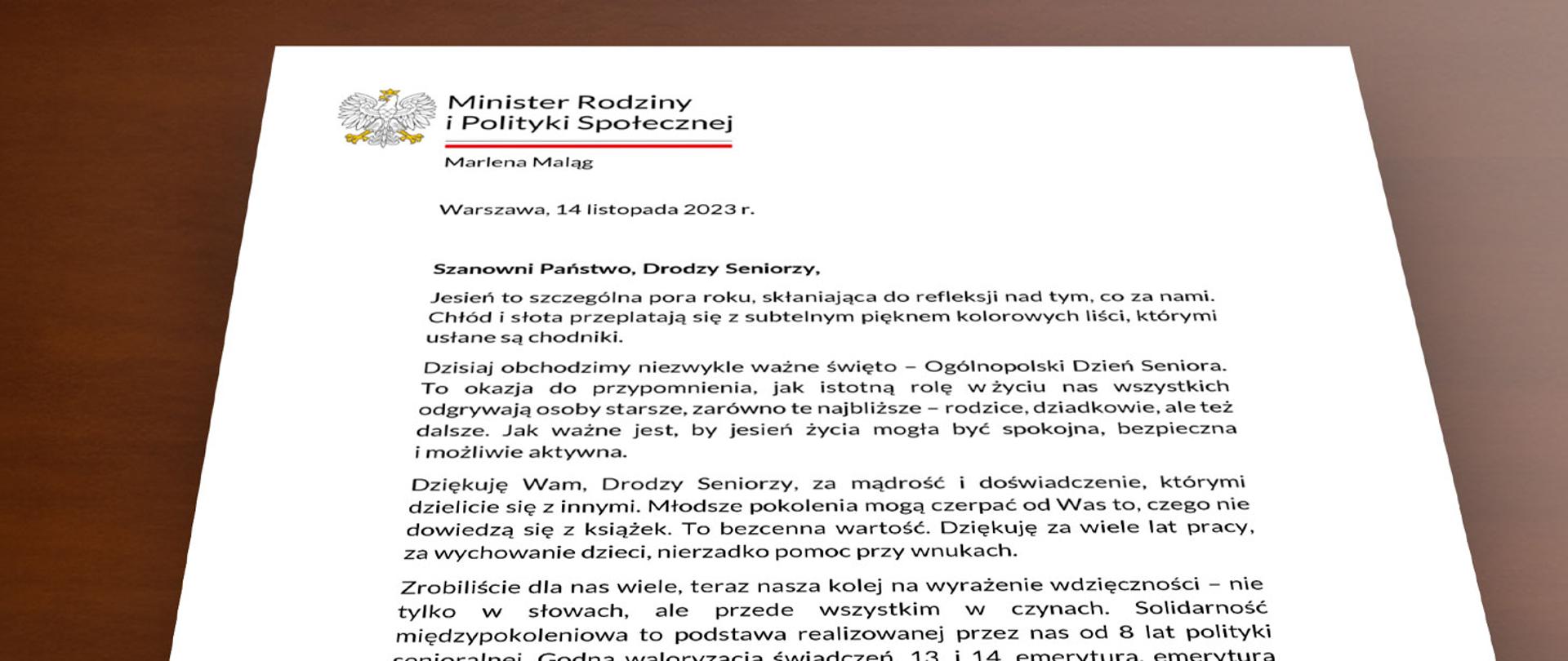 List Minister Marleny Maląg z okazji Ogólnopolskiego Dnia Seniora