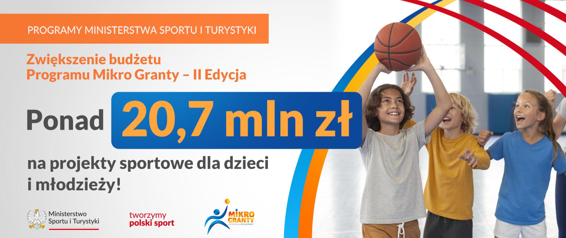Trójka uśmiechniętych dzieci gra w koszykówkę. Obok napis o treści zwiększenie budżetu Programu Mikro Granty - II Edycja. Ponad 20,7 mln zł na projekty sportowe dla dzieci i młodzieży.