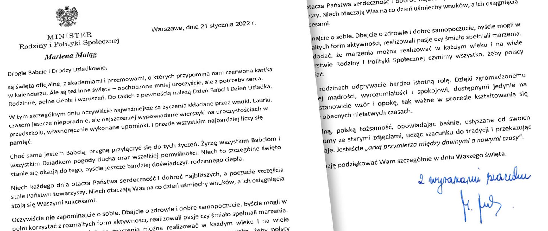 Życzenia Minister Marleny Maląg z okazji Dnia Babci i Dnia Dziadka