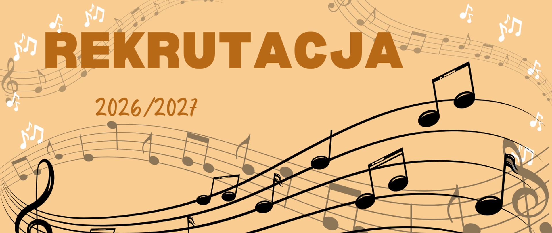 Grafika reklamowa na jasnobrązowym tle z motywami muzycznymi. W górnej części znajduje się duży, brązowy napis "REKRUTACJA", a pod nim mniejszą czcionką rok "2026/2027". Tło ozdobione jest falującymi liniami pięciolinii, nutami (w tym ósemkami i ćwierćnutami) oraz kluczami wiolinowymi i basowymi, sugerując rekrutację do szkoły muzycznej lub zespołu.