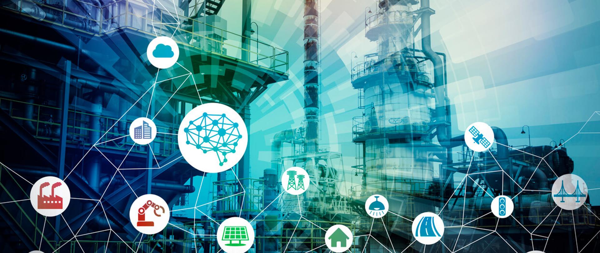 sieć Ikonek z symbolami infrastruktury - drogi, samochody na tle fabryki 