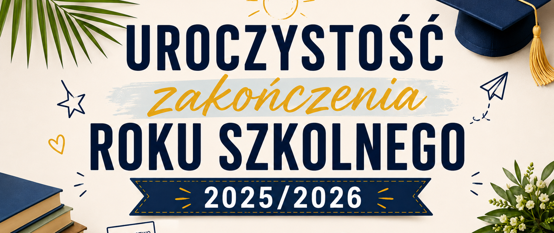 Poziomy plakat promujący uroczystość zakończenia roku szkolnego 2025/2026. Na jasnym, kremowym tle w granatowo-złotej kolorystyce umieszczono duży napis „Uroczystość zakończenia roku szkolnego 2025/2026”. Poniżej znajduje się informacja, że wydarzenie odbędzie się 26 czerwca 2026 roku o godzinie 16:00. Plakat ozdobiono motywami szkolnymi i wakacyjnymi: biretem, książkami, świadectwem, zegarem, liśćmi palmowymi, kwiatami, wstążką oraz dekoracyjnymi rysunkami. Całość utrzymana jest w nowoczesnym, eleganckim i uroczystym stylu, z akcentami w kolorze złotym.