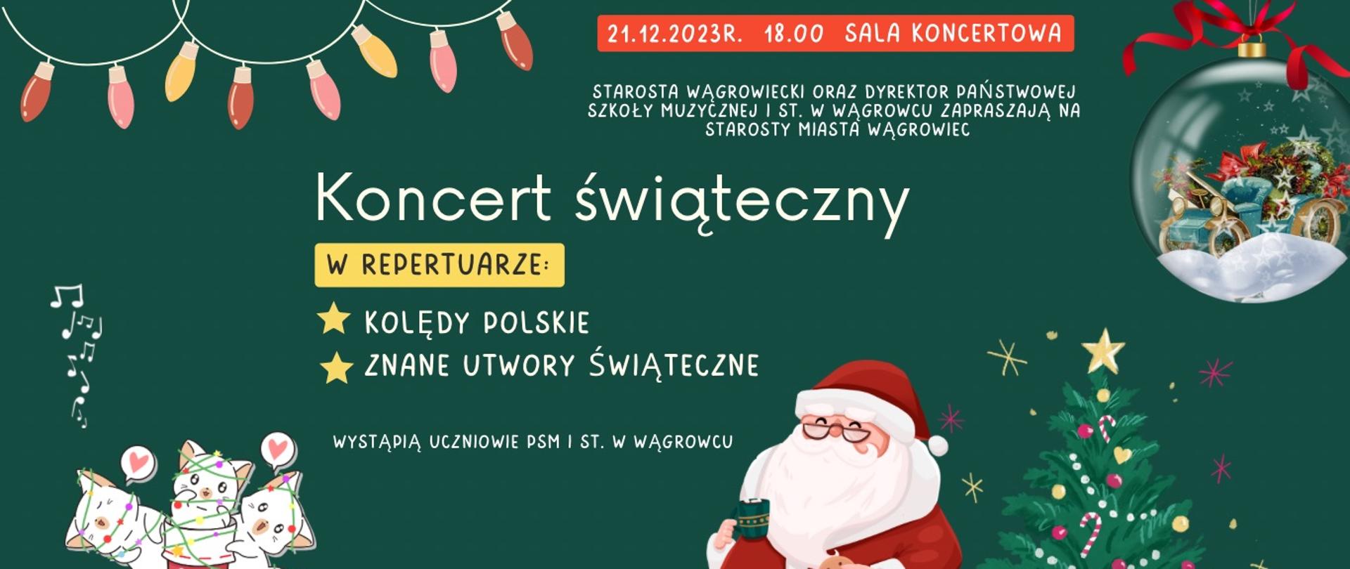 Baner reklamowy w zielonym kolorze przedstawia świąteczny rysunek z gwiazdorem oraz informacjami dotyczącymi wydarzenia