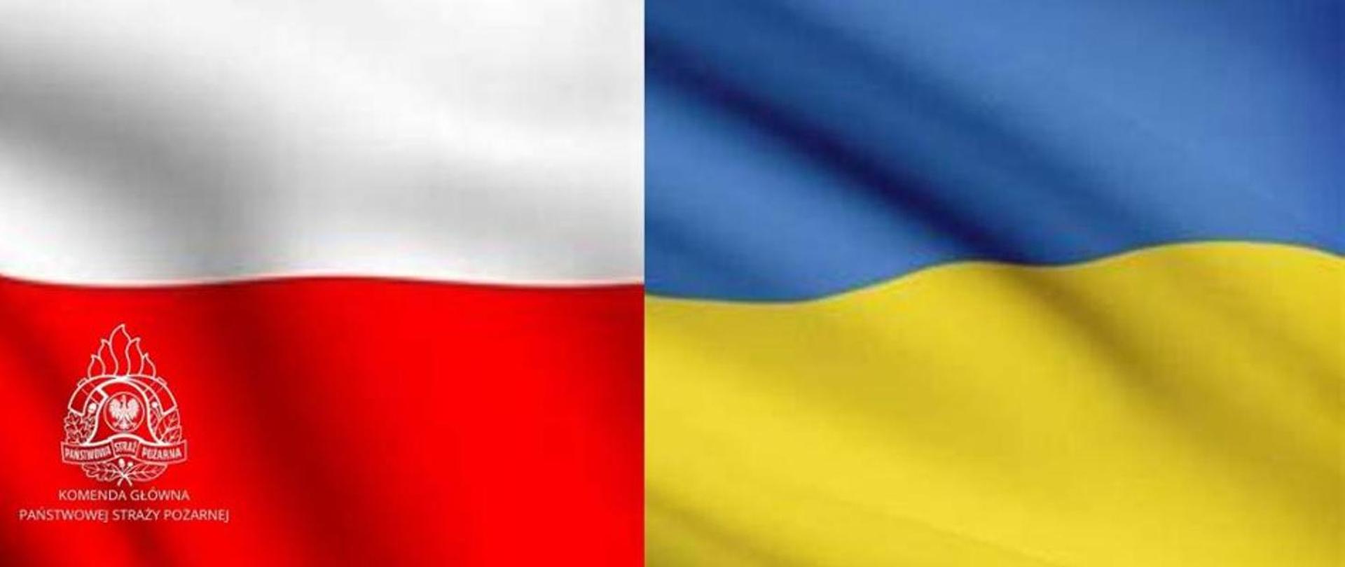 Ilustracja przedstawia baner podzielony na pół flagą Polski po lewej stronie i Ukrainy po prawej. Na fladze Polski w dolnym rogu logo PSP i napis Komenda Główna Państwowej Straży Pożarnej