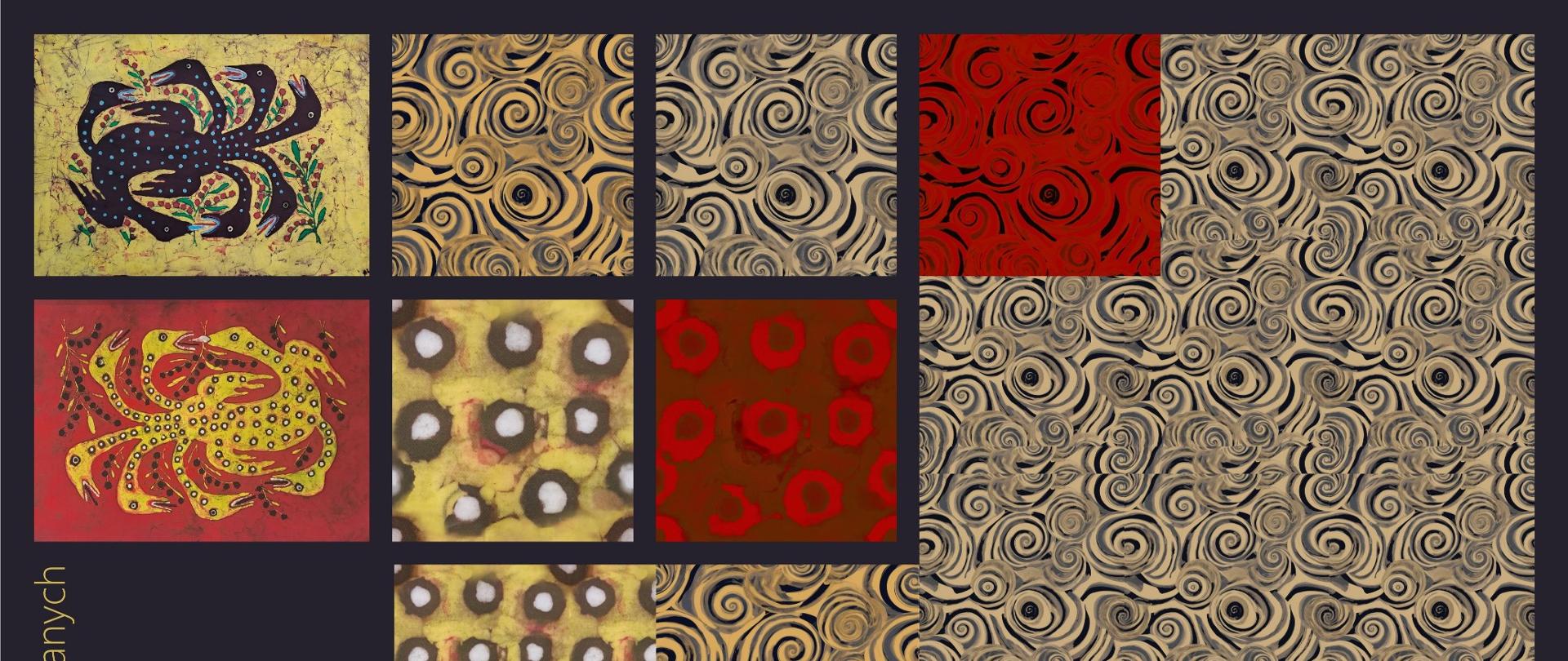 Plansza prezentuje projekty tkanin raportowanych inspirowanych twórczością Marii Prymaczenko. Po lewej stronie znajdują się dwa obrazy artystki przedstawiające fantazyjne zwierzęta w intensywnych kolorach (czarno-niebieski na żółtym tle oraz żółty na czerwonym tle). Obok nich rozmieszczono próbki wzorów tkanin w formie powtarzalnych raportów – dominują motywy spiralne, okręgi oraz kontrastowe zestawienia kolorów: żółcie, czerwienie, brązy i beże. Prawa część planszy pokazuje większe fragmenty powtarzających się wzorów spiralnych w różnych wariantach kolorystycznych. Po lewej stronie pionowy napis w języku polskim: „Projekty tkanin raportowanych. Zestaw tkanin dekoracyjno użytkowych inspirowanych obrazem Marii Prymaczenko”. Całość utrzymana jest w ciepłej i dekoracyjnej stylistyce.