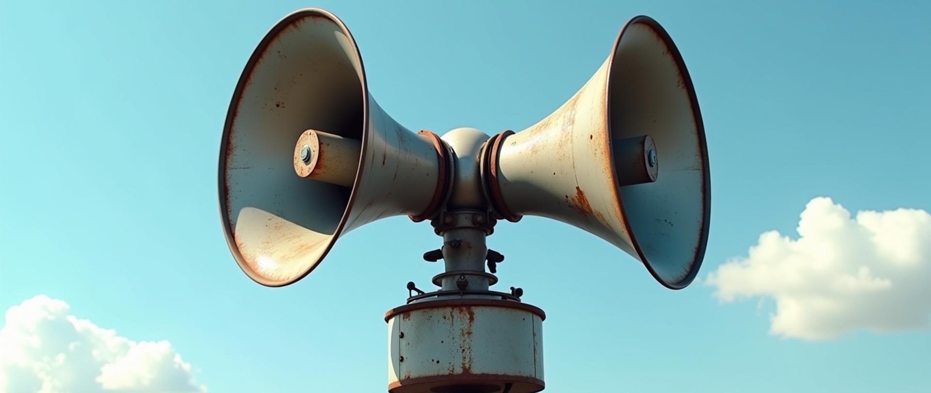 Zdjęcie przedstawia głośniki syreny alarmowej na tle nieba.