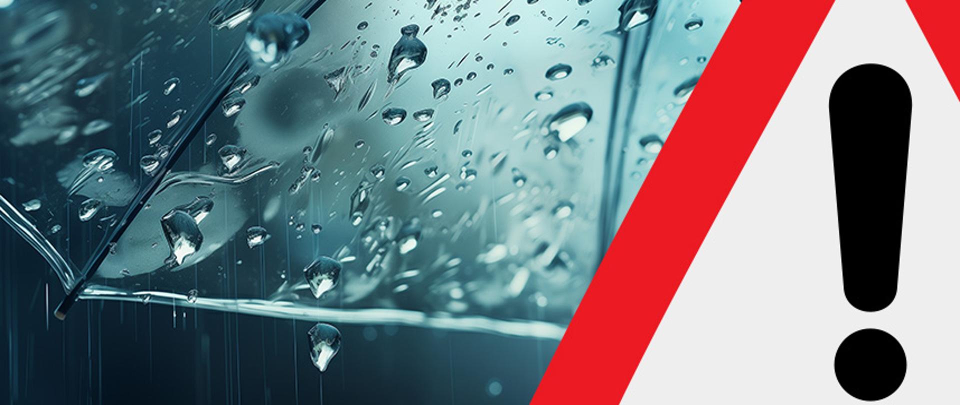 Grafika przedstawia deszczową pogodę, fragment parasola i ostrzegawczy trójkąt z wykrzyknikiem