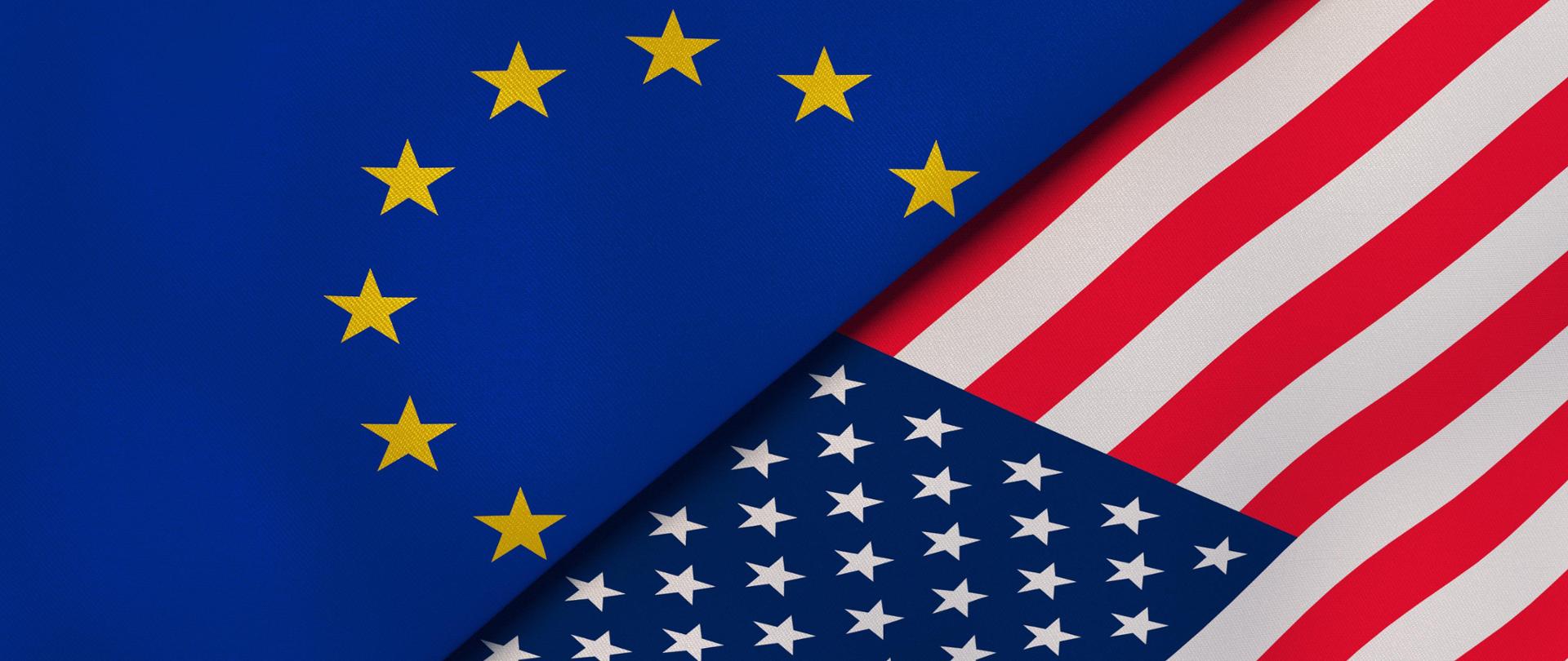Two states flags of European Union and United States. High quality business background. 3d illustration