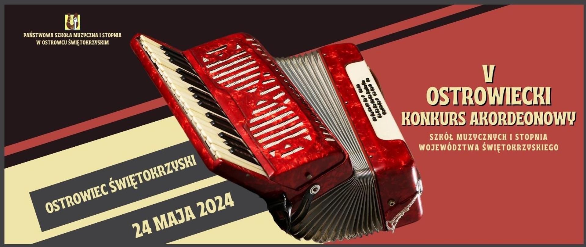 napisy w kolorze kawowym na czerwono-czarnym tle, z akordeonem w centralnej części, z logo szkolnym po środku u góry 