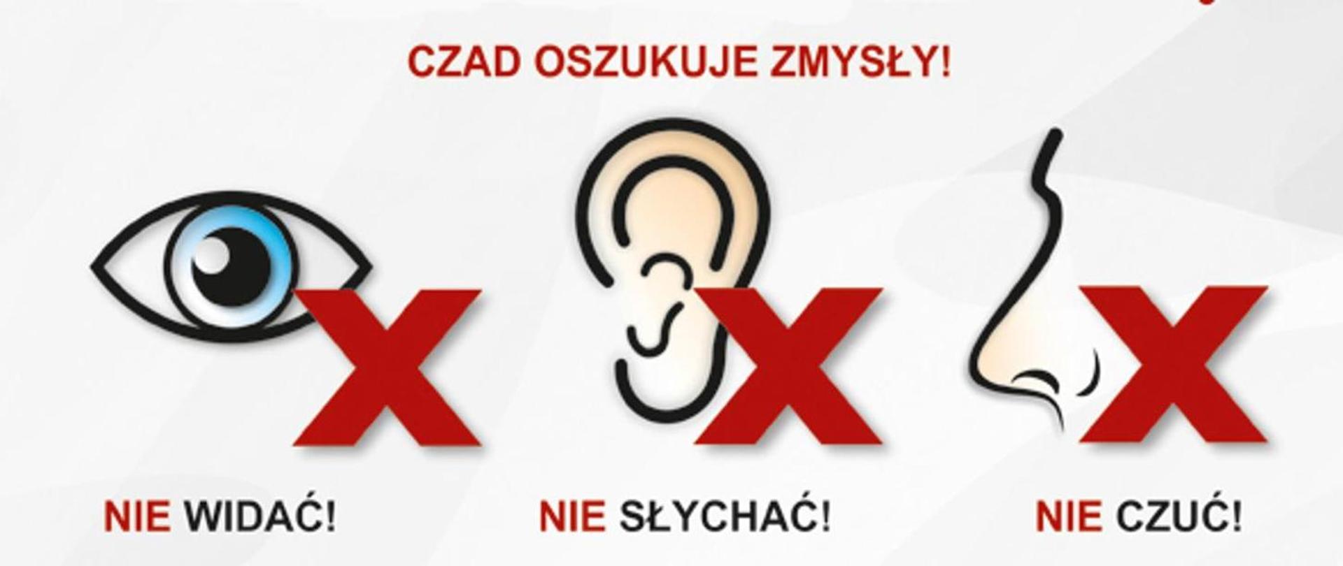 Infografika: znak X na oku, uchu i nosie przedstawiają że czad oszukuje zmysły. Czadu nie widać, nie słychać i nie czuć