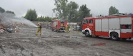 Akcja na składowisku odpadów. Plac, na którym znajdują się pryzmy z odpadami. Na pierwszym planie dwa wozy straży pożarnej oraz strażacy prowadzący działania gaśnicze. Na ziemi znajdują się rozwinięte węże strażackie i rozdzielacz. W tle drzewa. 