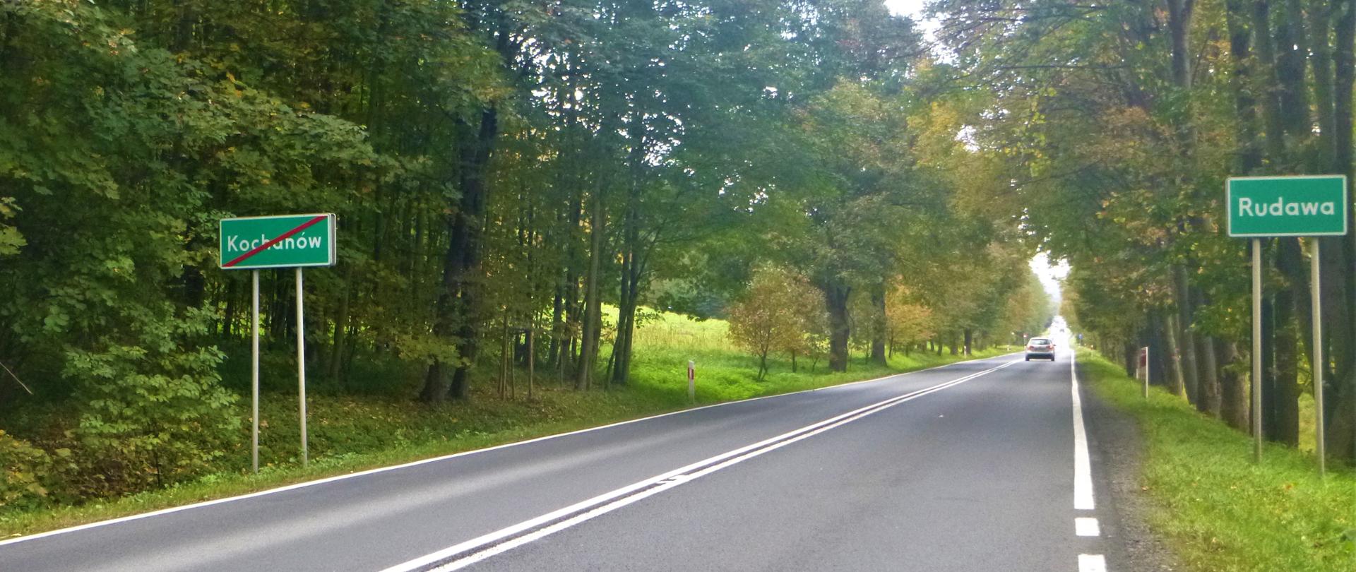droga wśród drzew, w oddali widać samochód