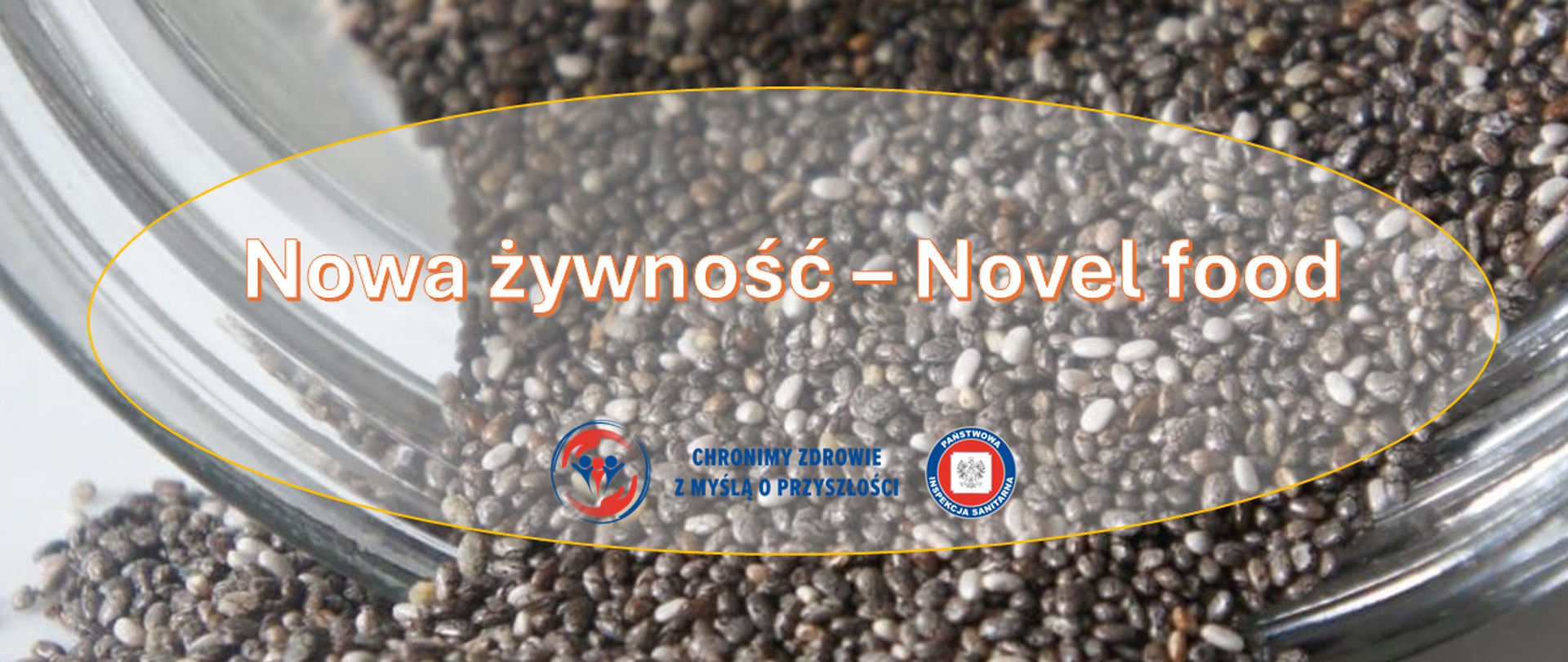 Baner informacyjny pt. »Nowa żywność – Novel food«, na tle ziaren produktu spożywczego w pojemniku.
