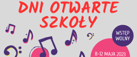 Zdjęcie przedstawia na szarym tle kolorową grafikę nut i instrumentów muzycznych oraz nazwę szkoły i terminy koncertów 8-12 maja