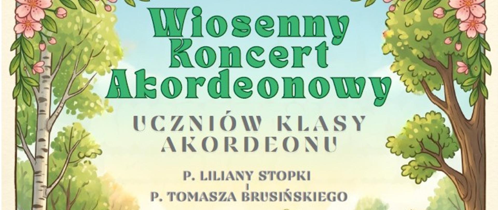 Plakat na wiosennym kolorowym tle z dziećmi trzymającymi akordeony informujący o wiosennym koncercie akordeonowym 19.05.2026