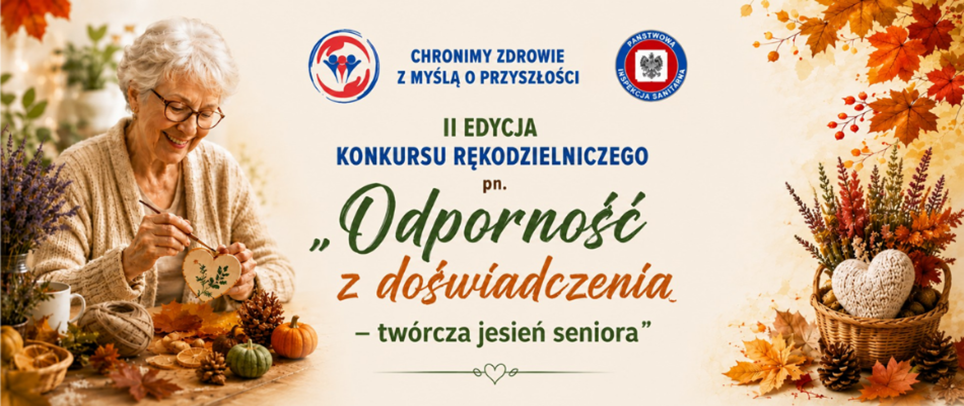 na grafice kobieta seniorka wykonująca pracę rękodzielniczą, logo inspekcji sanitarnej i treść II edycja konkursu rękodzielniczego "Odporność z doświadczenia-twórcza jesień seniora"