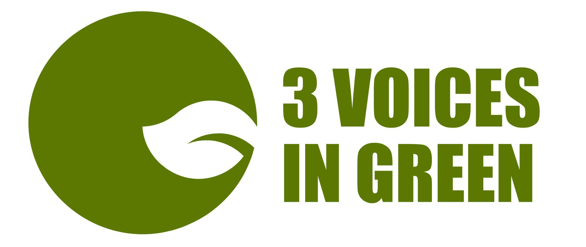 Grafika przedstawia logo projektu Erasmus Trójgłos w zieleni: Sztuka, design i zrównoważony rozwój. Autorką projektu jest Julia Kurcz z klasy 4B PLSP im. Antoniego Kenara w Zakopanem. Po lewej stronie znajduje się zielone koło, w którym po prawej stronie wkomponowany jest biały listek. Po prawej stronie widnieje zielony napis: 3 VOICES IN GREEN - trójgłos w zieleni