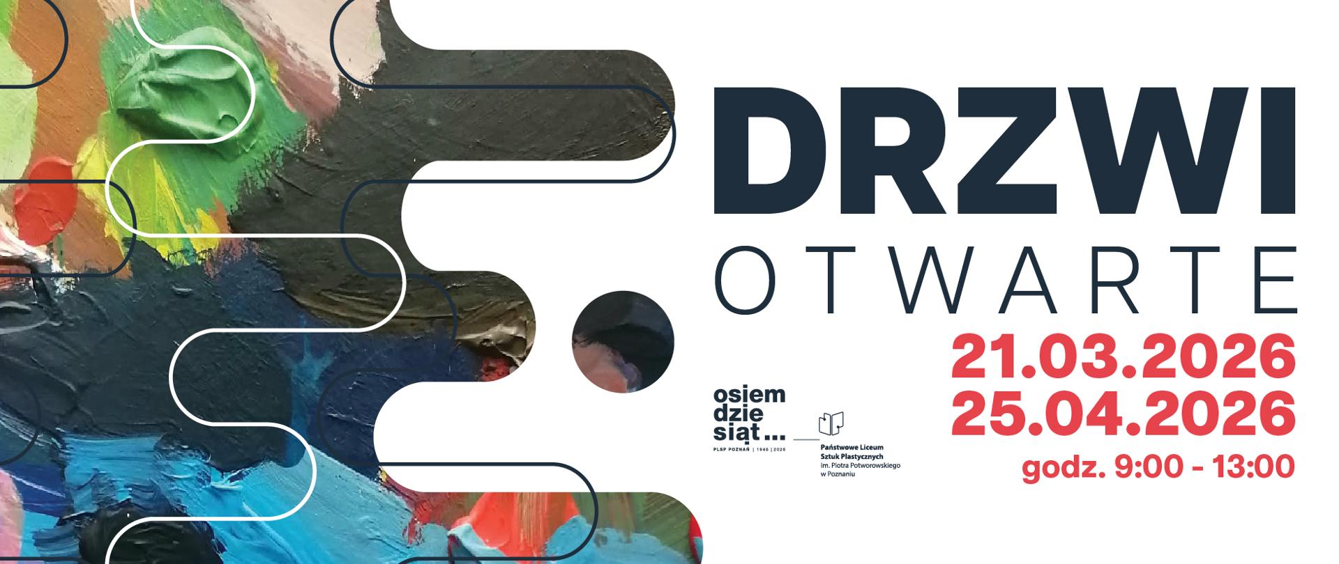 Grafika z rozlaną farbą po lewej stronie i napisem Drzwi otwarte (z datą) po prawej stronie.