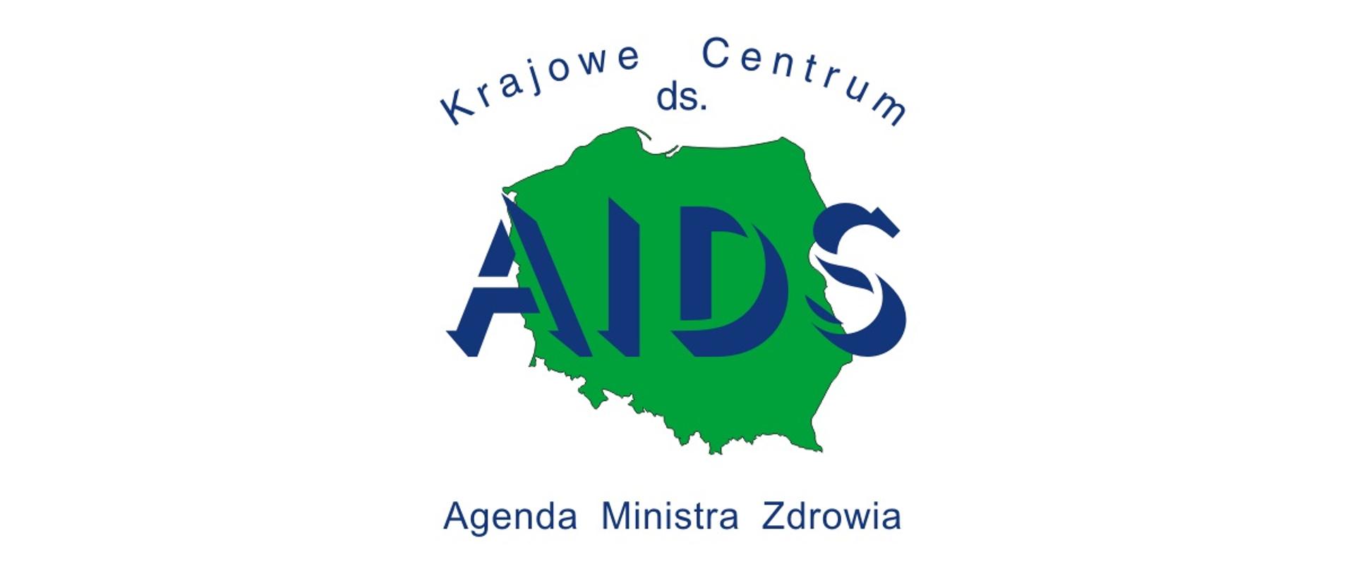 logo z napisem Krajowe Centrum ds. AIDS. Agenda Ministra Zdrowia na tle konturu granic Polski 