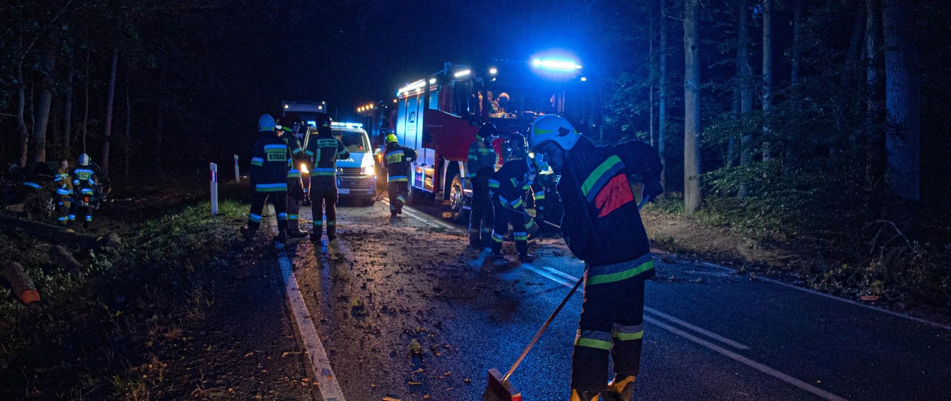 Zdjęcie przedstawia drogę, na której znajduje się duża ilość ziemi i części karoserii samochodowej. Pojazdy służb ratunkowych blokują całkowicie drogę. Strażacy usuwają zagrożenie z jezdni przy użyciu podręcznego sprzetu burzacego. 