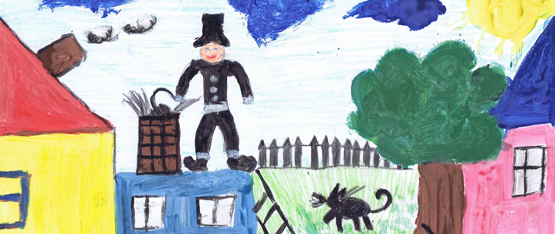 KOMINIARZ PRZYNOSI SZCZĘŚCIE - Bartosz Naskręt, lat 5, rysunek przedstawiający kominiarza stojącego na budynku i czyszczącego komin, obok kolejne domy, drzewo, na trawie kot i rower oparty o drzewo, na niebie słońce i chmurki.