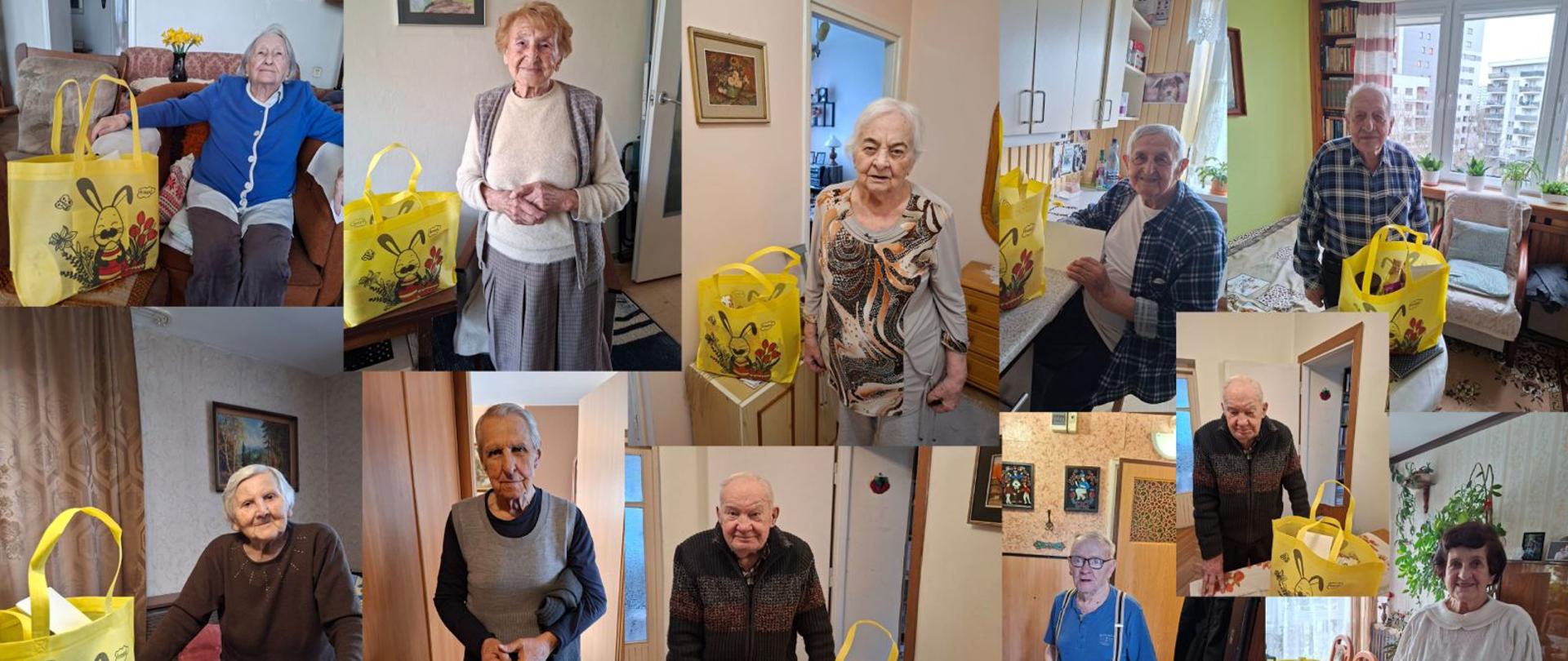 Kombatanci i weterani z województwa łódzkiego wraz z otrzymanymi paczkami świątecznymi. 