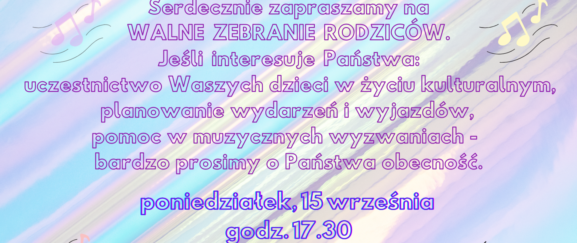 Na pastelowym tle informacja o walnym zebraniu rodziców