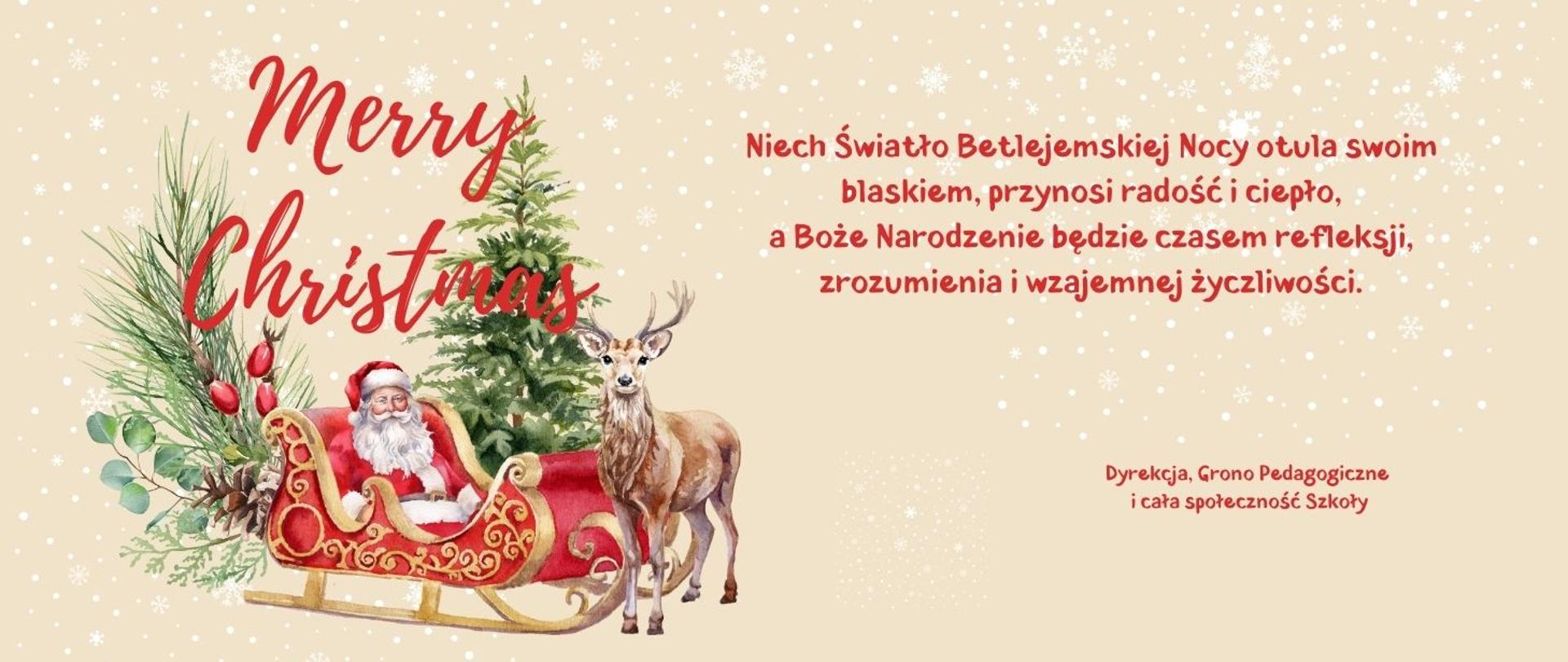 Życzenia świąteczne obrazek mikołaj na saniach i napis Merry Christmas