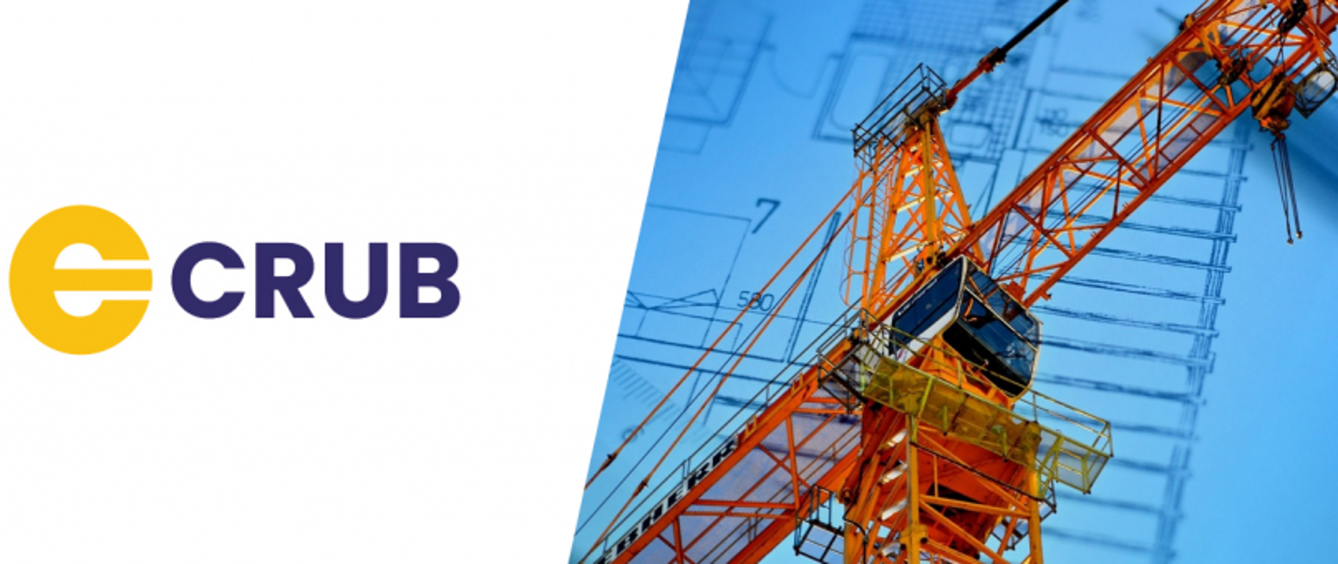 Logo „eCRUB” z żółtą literą „e” i granatowym napisem na białym tle obok żurawia budowlanego na tle planów architektonicznych.