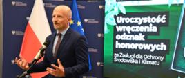 Wiceminister Mikołaj Dorożała podczas wręczenia Odznak Honorowych „Za Zasługi dla Ochrony Środowiska i Klimatu”