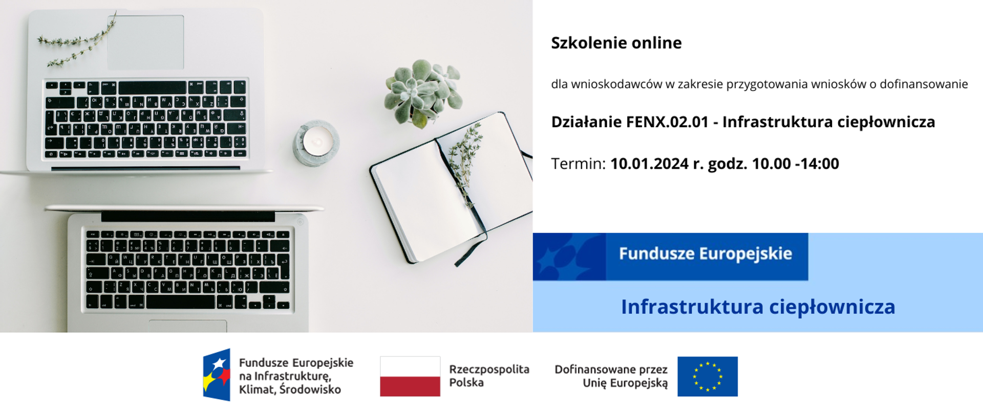 Zaproszenie na szkolenie online. Po lewej stronie zdjęcie dwóch komputerów, notatnika, świeczki i kwiatka postawionych na stole. Po prawej garść informacji o szkoleniu: data, godzina i nazwa działania.