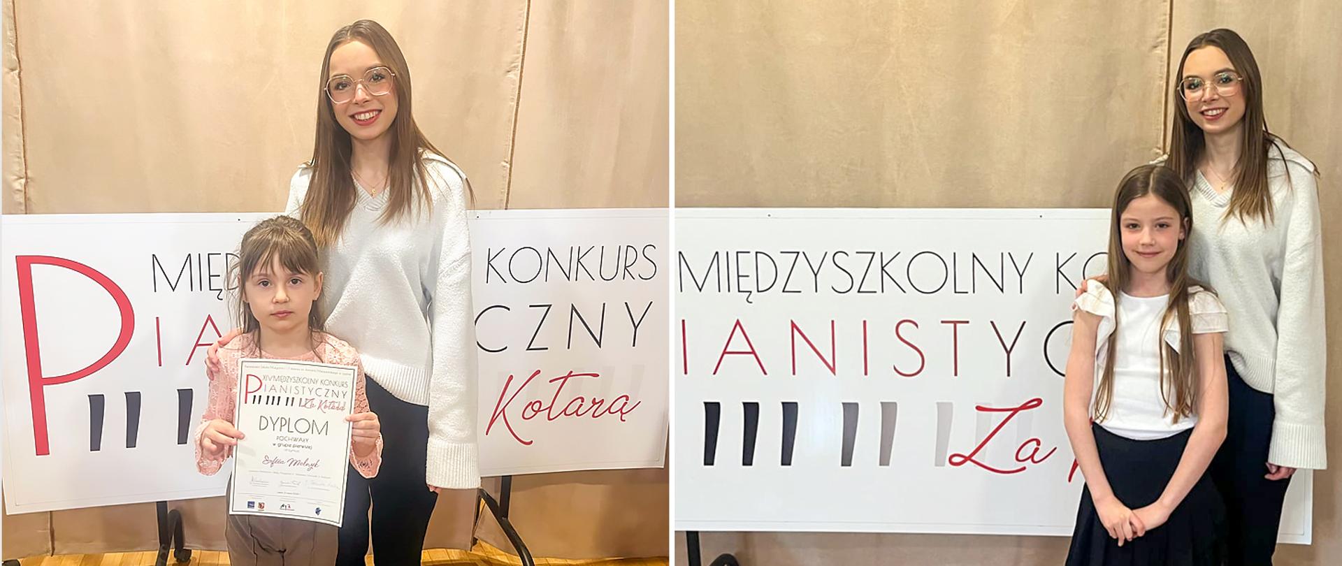  Collage dwóch zdjęć, na obu stoi ta sama nauczycielka z dwoma różnymi uczennicami.