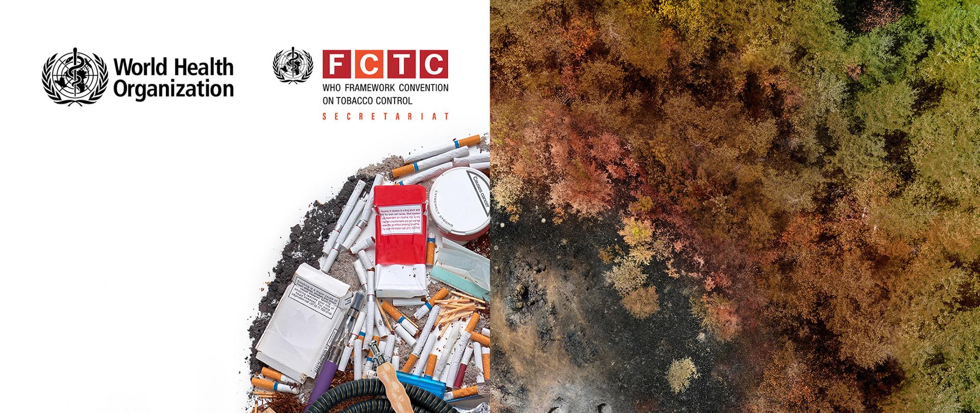 Ilustracja jest podzielona na dwie połowy, z czego prawa przedstawia zniszczony, wypalony las. Zniszczenia te układają się w kształt połowy czaszki i skrzyżowanych kości. Lewa strona ilustracji przedstawia drugą część czaszki, która ułożona jest z papierosów, fajek, e-papierosów i części fajek wodnych. Poniżej angielski napis na czerwonym tle: „Poisoning our planet” czyli „Zatruwając naszą planetę”. 