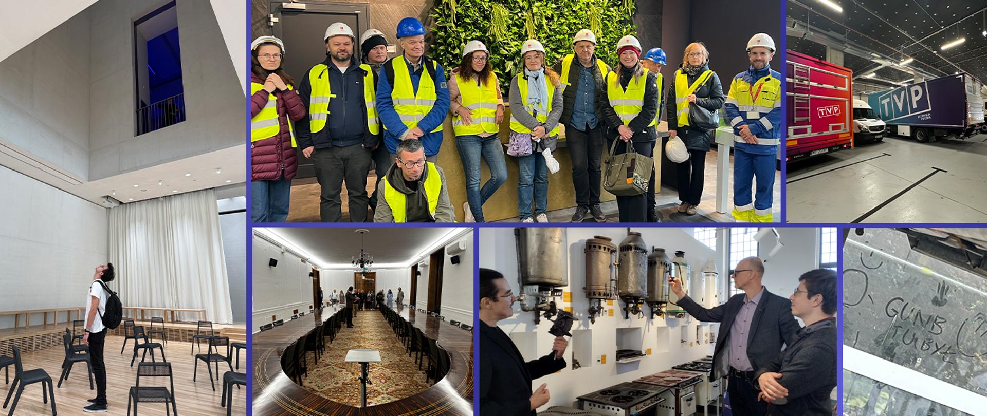 Kolaż zdjęć, który przedstawia wizyty techniczne w różnych wnętrzach i miejscach związanych z architekturą, budownictwem i techniką. Na zdjęciach widać ludzi w kaskach i kamizelkach odblaskowych podczas zwiedzania budynku, osoby, które oglądają instalacje techniczne, nowoczesną salę z krzesłami i wysokim sufitem, historyczną salę z długim stołem i żyrandolem, ciężarówki telewizyjne w garażu oraz fragment ściany z napisem. Zdjęcia ukazują zarówno nowoczesne, jak i zabytkowe przestrzenie.