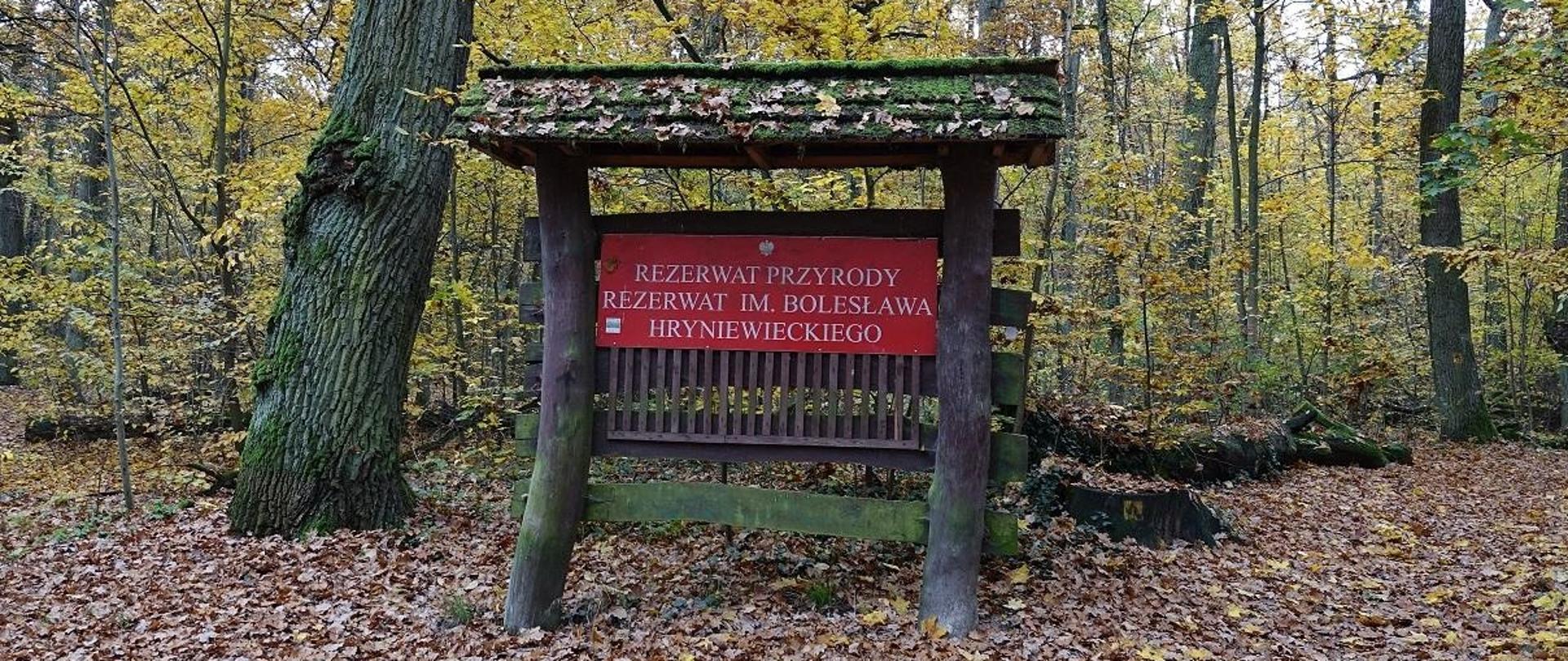 Tablica - rezerwat im. Bolesława Hryniewieckiego na tle lasu.
