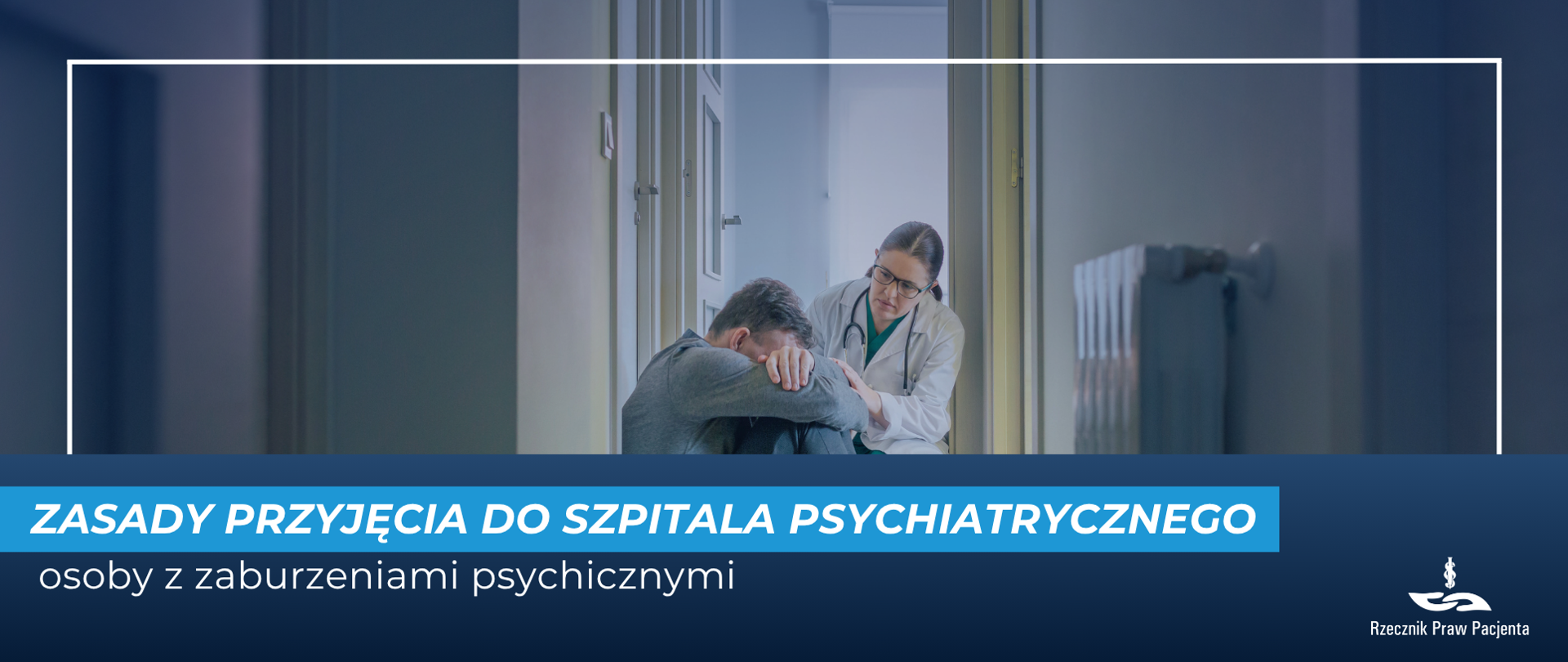 Zdjęcie przedstawia grafikę z mężczyzną, który jest smutny i załamany, oraz kobietą–lekarką, która go pociesza.