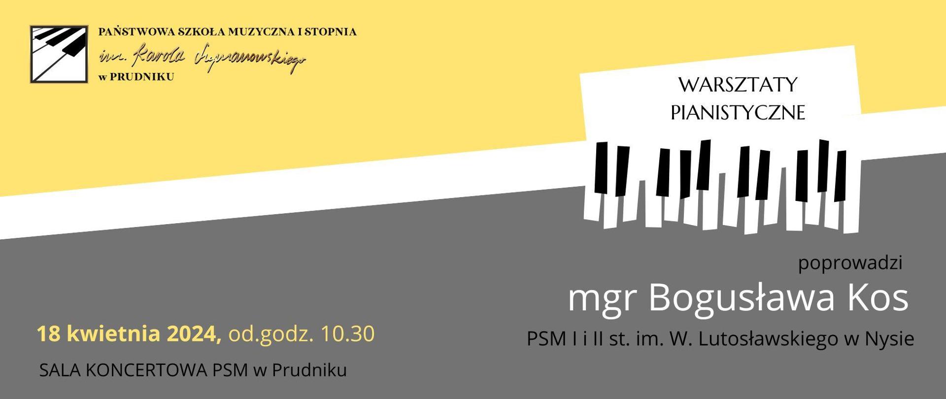 Baner z informacją o warsztatach pianistycznych. W środkowej części ikonografia klawiatury fortepianowej. W lewym górnym rogu logo szkoły.