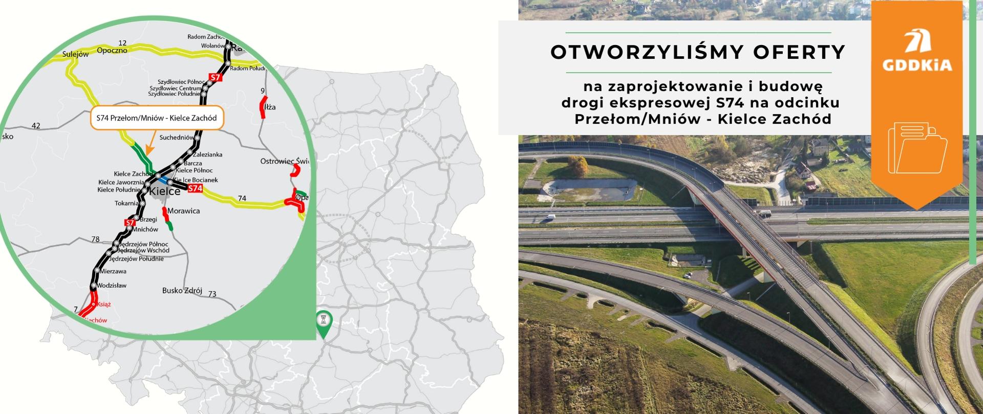 Po lewej stronie widoczna mapa Polski ze wskazanym miejscem inwestycji. Po prawej stronie węzeł drogowy Kielce Zachód.