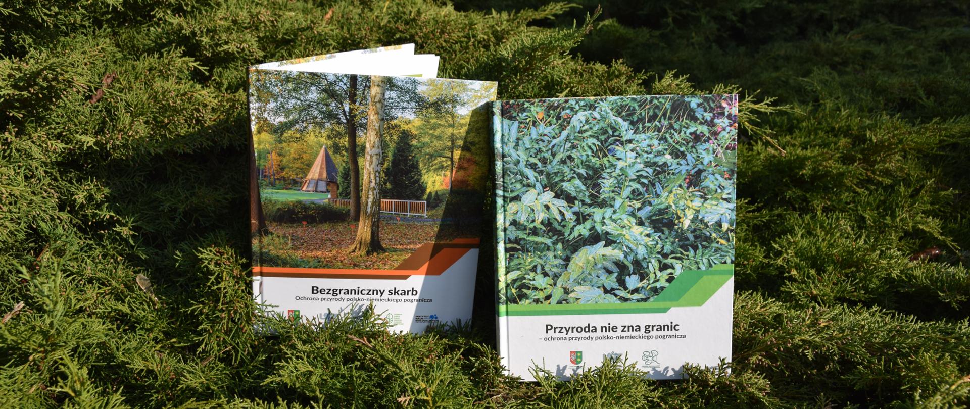 Dwie książki, stojące wśród zieleni. Tytuł książki stojącej po lewej stronie: Bezgraniczny skarb- ochrona przyrody polsko-niemieckiego pogranicza. Tytuł książki stojącej po prawej stronie: Przyroda nie zna granic- ochrona przyrody polsko-niemieckiego pogranicza. 