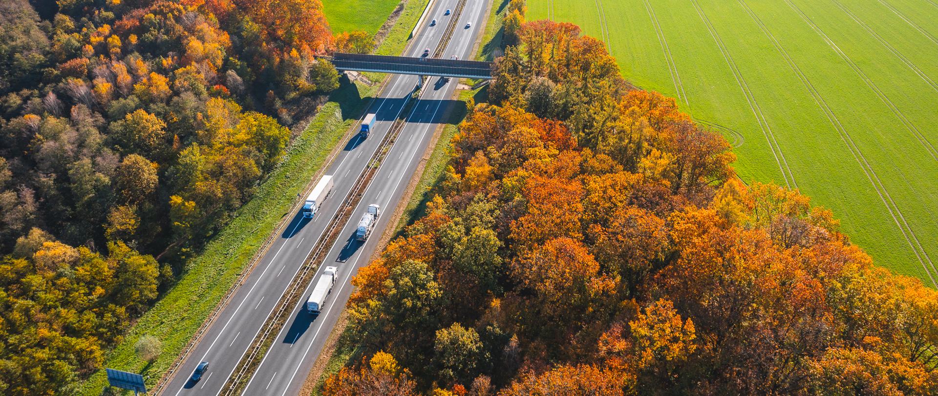 Zdjęcie przedstawia widok z lotu ptaka na autostradę biegnącą przez wiejski krajobraz. Autostrada ma kilka pasów w każdym kierunku i jest otoczona polami i lasami. Nad autostradą przebiega most, a na drodze widać kilka pojazdów. Drzewa wokół autostrady mają jesienne kolory, tworząc kontrast z zielonymi polami. 