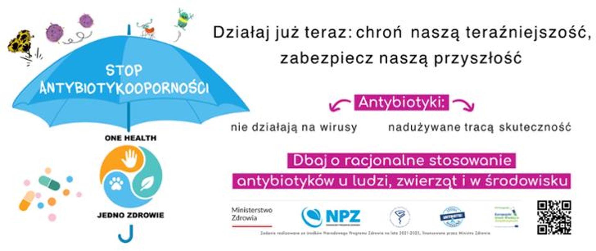 grafika kolorowa, z lewej strony niebieski parasol, nad nim kolorowe bakterie, pod parasolem tabletki. Z prawej strony parasola hasła, informacje dotyczące antybiotyków