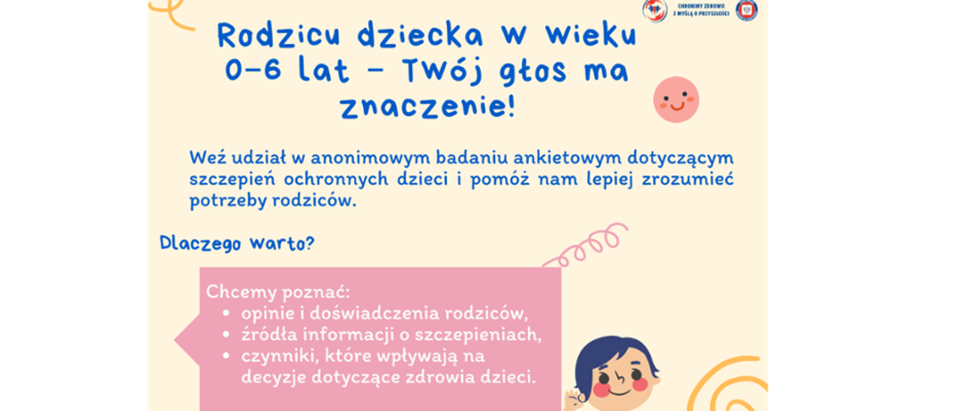 Grafika zachęcająca do anonimowego badania wiedzy na temat potrzeby szczepień dzieci.