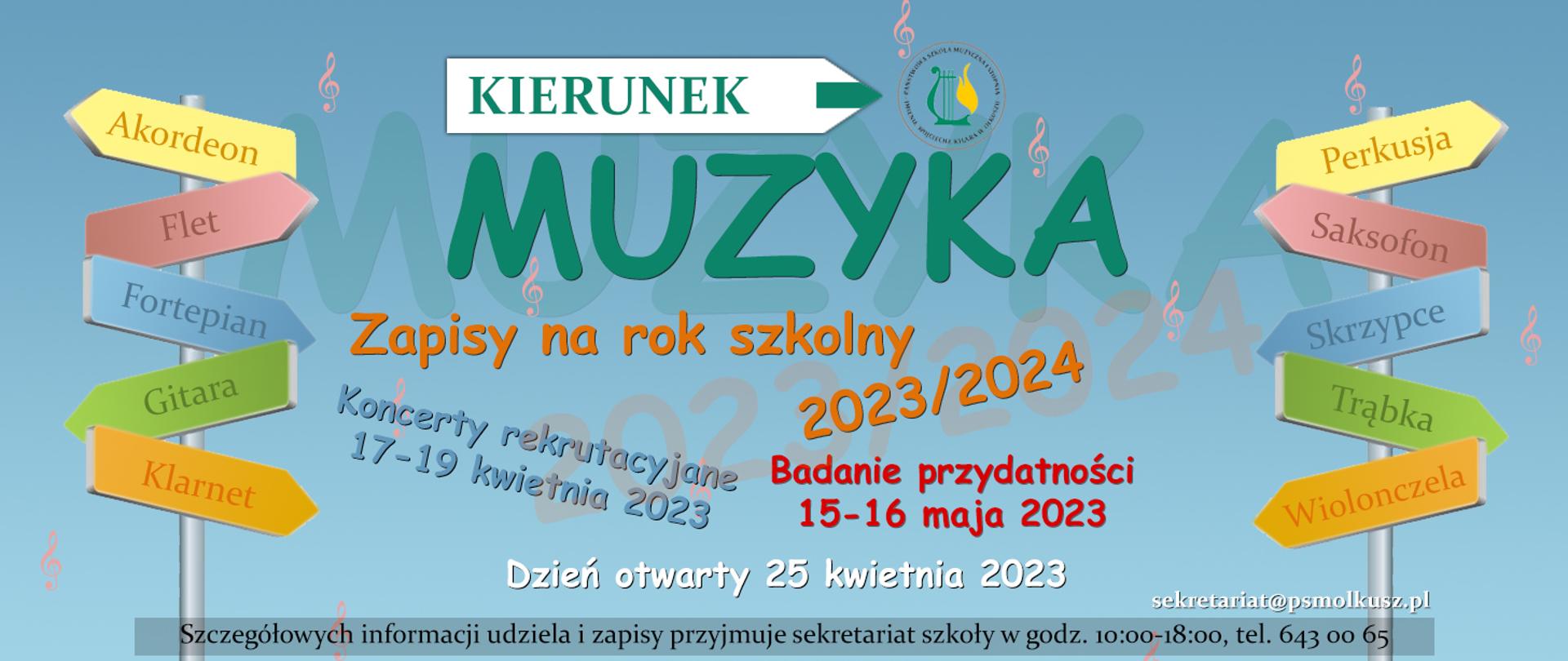 Niebieskie tło, po prawej i lewej drogowskazy z nazwami przedmiotów, pośrodku napisy