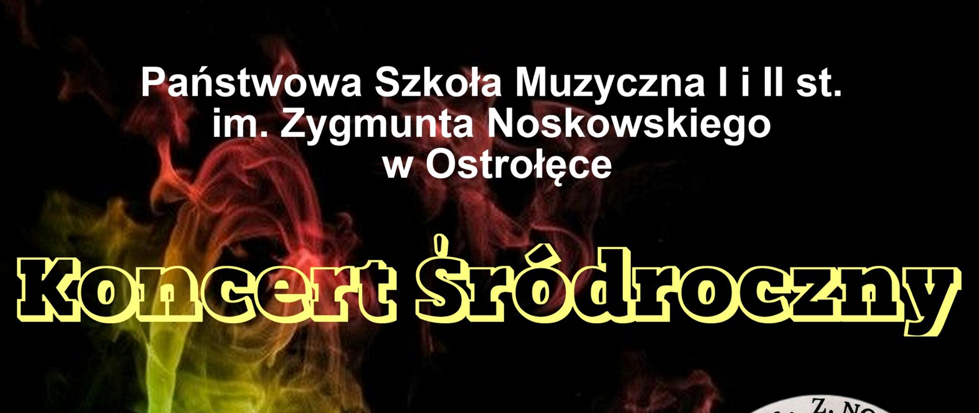 Plakat o treści: Koncert śródroczny 11 stycznia 2024 r. godz. 16.00, sala koncertowa na I piętrze. Wystąpią soliści.