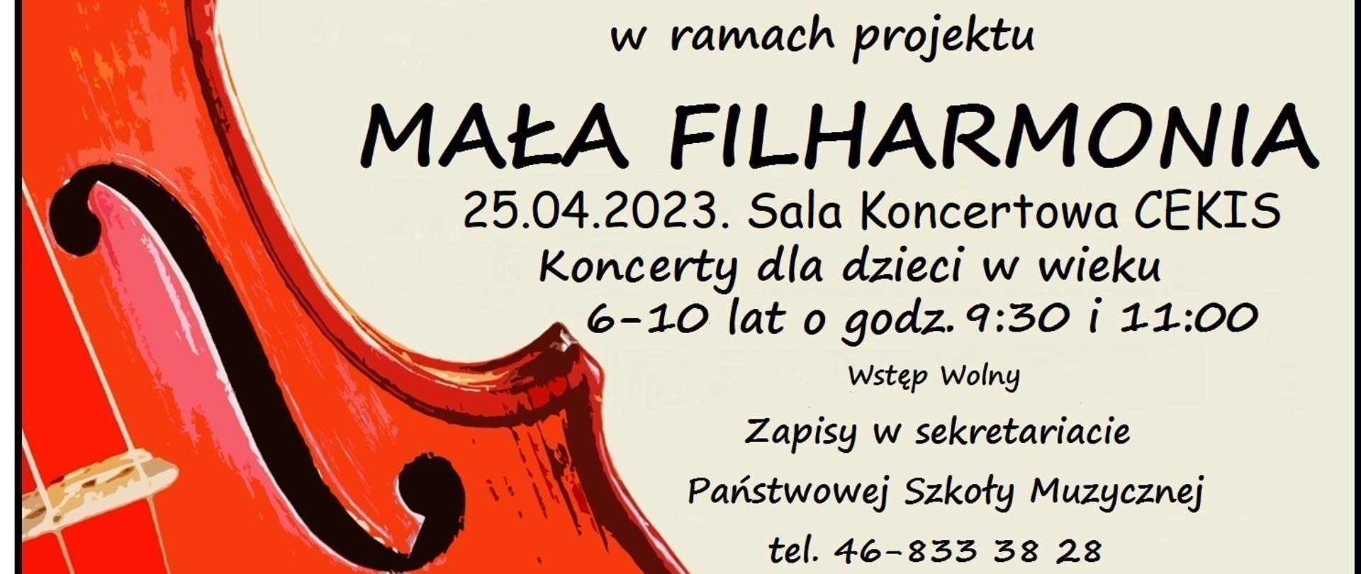 Plakat zatytułowany mała filharmonia na białym tle fragment skrzypiec w kolorze czerwonym napis na plakacie to państwowa szkoła muzyczna pierwszego stopnia im Fryderyka Chopina w Skierniewicach samorządowa szkoła muzyczna II stopnia w Skierniewicach oraz stowarzyszenie Ars juventutis serdecznie zapraszają na koncerty w ramach projektu mała filharmonia 25 kwietnia 2023 sala koncertowa cekis koncerty dla dzieci w wieku od 6 do 10 lat o godzinie 9:30 i 11:00 wstęp wolny zapisy w sekretariacie państwowej szkoły muzycznej telefon 46 833 38 28 zadanie współfinansowane ze środków miasta Skierniewice w dolnym lewym rogu logo szkół muzycznych w Skierniewicach oraz logo Ars juventutis