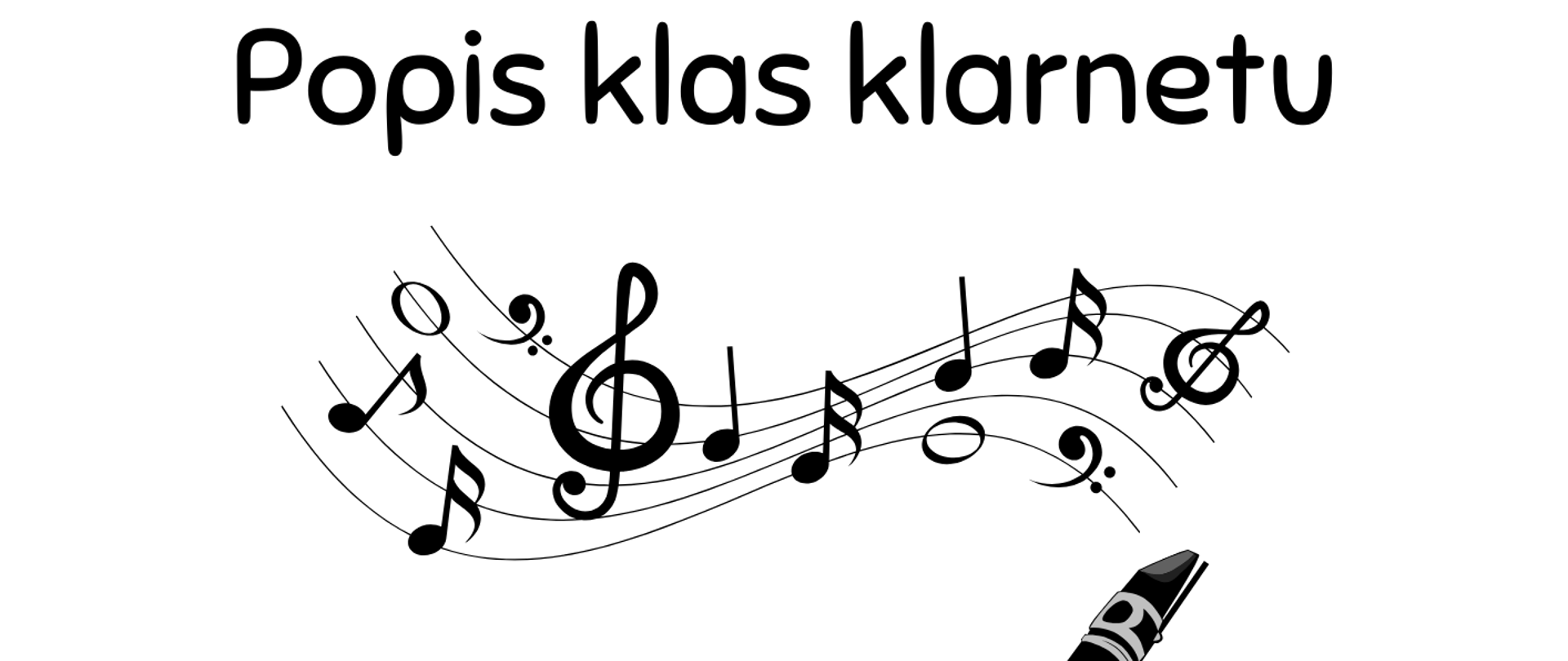 Czarno-biały plakat z grafiką przedstawiającą nuty na pięciolinii i klarnet. W treści zaproszenie na popis klas klarnetu 15.04.2025 o godz. 16:00 w sali koncertowej.