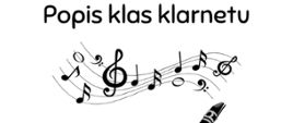 Czarno-biały plakat z grafiką przedstawiającą nuty na pięciolinii i klarnet. W treści zaproszenie na popis klas klarnetu 15.04.2025 o godz. 16:00 w sali koncertowej.