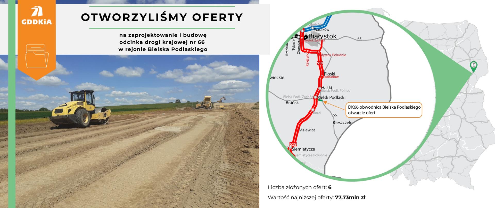 DK66 infografika na otwarcie ofert. Po prawej stronie mapa Polski z zaznaczonym odcinkiem DK66 w pobliżu Bielska Podlaskiego. Po lewej zdjęcie z pracującymi maszynami na budowie drogi. Widać walec, spychacz, ciężarówki i koparkę. 